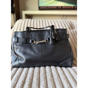 Coach Hampton Carryall Black Leather Tote Bag Teal Stitching 8A71